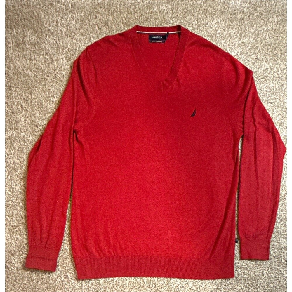 Nautica Men’s L Cotton Modal Knit V-Neck Pullover Sweater Red N7132360